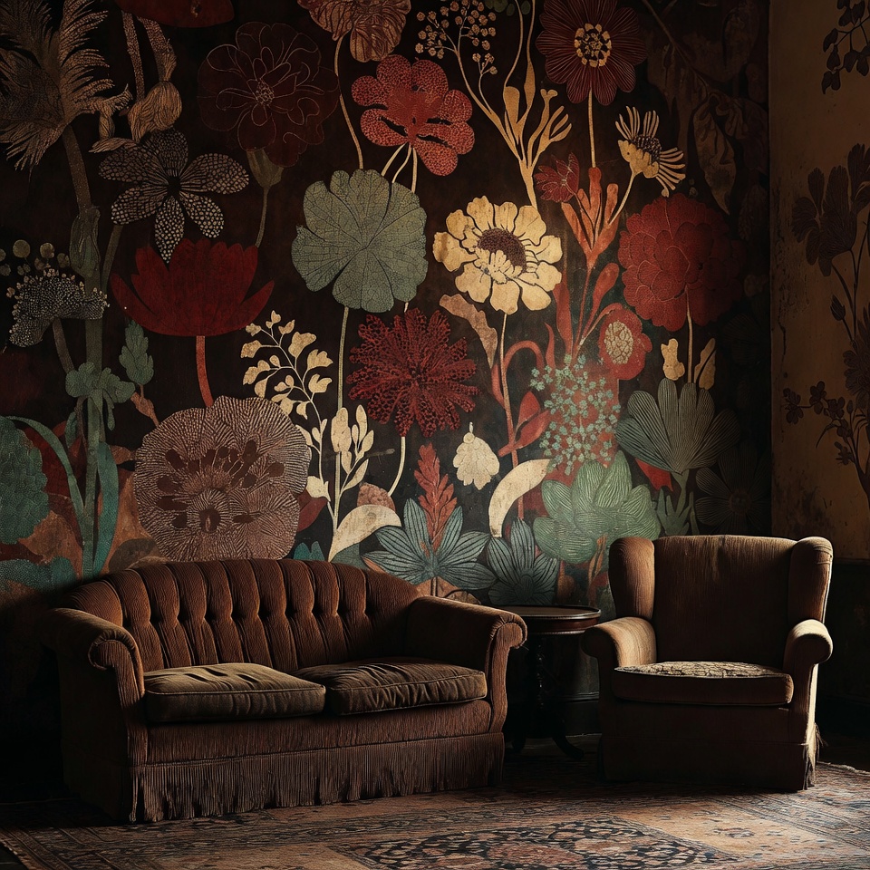Warm toned floral arrangement along a modern living room console with artwork above